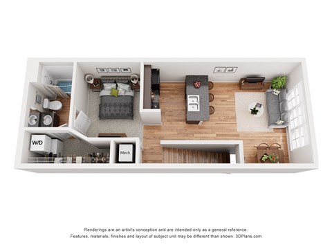a stylized floor plan with a bedroom and a living room